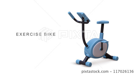 3d realistic blue exercise bike on white background. Vector illustration. 3d realistic blue exercise bike on white background. Vector illustration. 117026136
