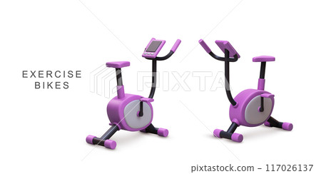 3d realistic two lilak exercise bike on white background. Vector illustration. 117026137
