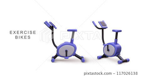 3d realistic blue exercise bikes on white background. Vector illustration. 3d realistic blue exercise bikes on white background. Vector illustration. 117026138