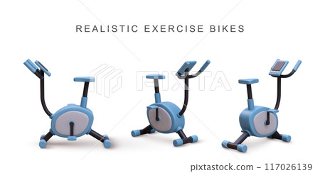 3d realistic blue exercise bikes on white background. Vector illustration. 3d realistic blue exercise bikes on white background. Vector illustration. 117026139