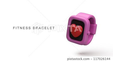 3d realistic pink fitness bracelet on white background. Vector illustration. 117026144