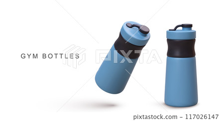 3d realistic two blue Shakers water bottle on white background. Vector illustration. 117026147