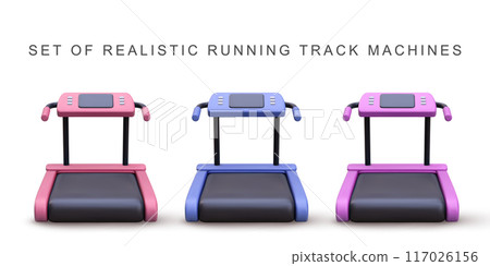 3d realistic set running track machine. Vector illustration. 117026156