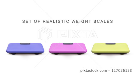 3d realistic set Weight scales on white background. Vector illustration. 117026158