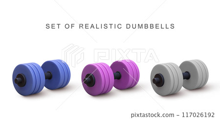 3d colorful set dumbbells on white background. Vector illustration. 117026192
