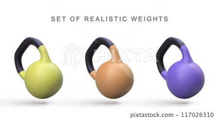 3d realistic set Kettlebells. Vector illustration. 3d realistic set Kettlebells. Vector illustration. 117026310