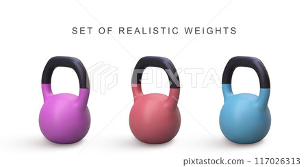 3d realistic set Kettlebells on white background. Vector illustration. 117026313