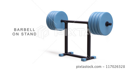 3d realistic barbell on stand on white background. Vector illustration. 3d realistic barbell on stand on white background. Vector illustration. 117026328
