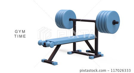 3d realistic gym bench and barbell on white background. Vector illustration. 117026333