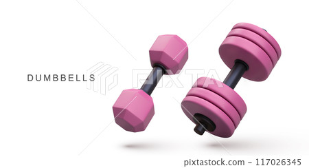 3d realistic red dumbbells on white background. Vector illustration. 117026345