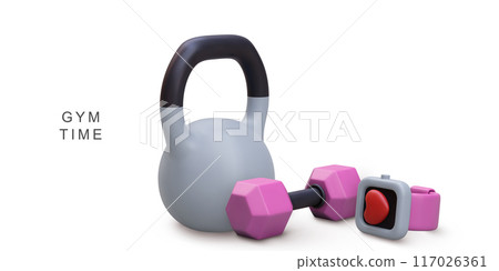 3d realistic fitness bracelet and dumbbells on white background. Vector illustration. 3d realistic fitness bracelet and dumbbells on white background. Vector illustration. 117026361