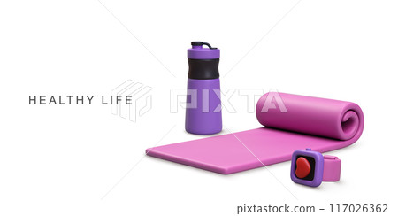 3d realistic fitness bracelet, Shaker water bottle and yoga mat. Vector illustration. 3d realistic fitness bracelet, Shaker water bottle and yoga mat. Vector illustration. 117026362