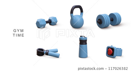 3d realistic set gym time on white background. Vector illustration. 117026382