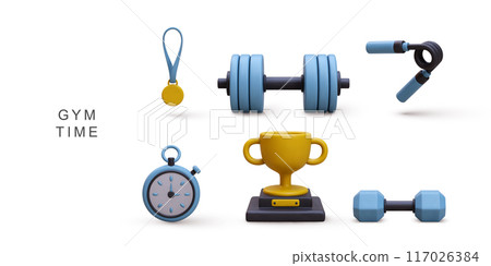 3d realistic set gym time concept. Vector illustration. 3d realistic set gym time concept. Vector illustration. 117026384