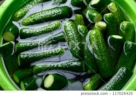 Fresh young green cucumbers in a close-up bowl Fresh young green cucumbers in a close-up bowl 117026426