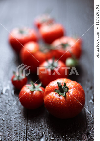 Ripe red tomatoes with water drops on rustic wooden table Ripe red tomatoes with water drops on rustic wooden table 117026501