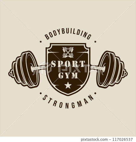 barbell and shield logo vector vintage illustration template icon graphic design. gym or fitness sign or symbol for sport business gymnasium with retro typography style barbell and shield logo vector vintage illustration template icon graphic design. gym or fitness sign or symbol for sport business gymnasium with retro typography style 117026537
