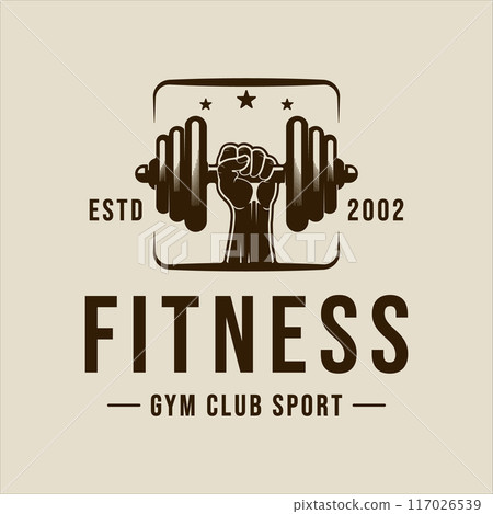 hand fist and barbell logo vector vintage illustration template icon graphic design. gym or fitness sign or symbol for sport business 117026539
