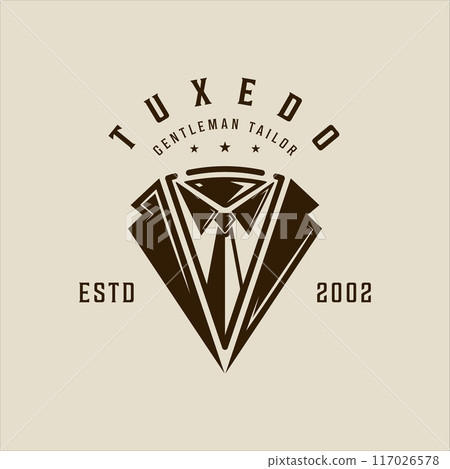 masculine tie tuxedo logo vector vintage illustration template icon graphic design. suit gentleman fashion sign or symbol for professional tailor or designer with typography retro style 117026578