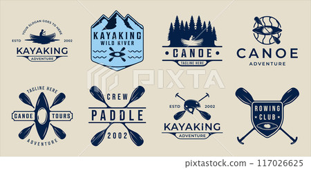 set of kayak or canoe logo vector vintage illustration template icon graphic design. bundle collection of various paddle or rowing sign or symbol for adventure sport travel and business set of kayak or canoe logo vector vintage illustration template icon graphic design. bundle collection of various paddle or rowing sign or symbol for adventure sport travel and business 117026625