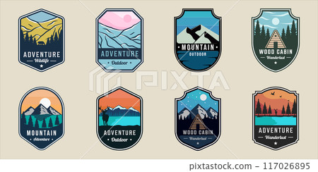 set of outdoor wildlife emblem logo vector illustration template icon graphic design. bundle collection of various adventure mountain cabin forest sign or symbol for business travel 117026895