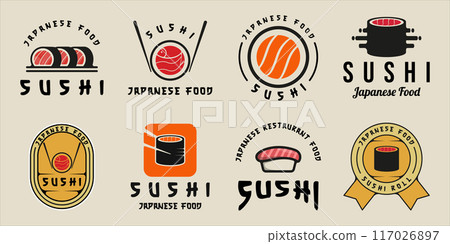 set of sushi logo vintage vector illustration template icon graphic design. bundle collection of various japanese food for business restaurant 117026897