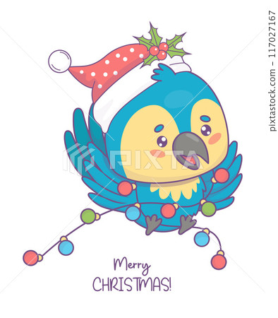 Cute Christmas Ara parrot in Santa hat with festive garland. Funny cartoon kawaii tropical bird character. Vector illustration. Merry Christmas holiday card. Kids collection 117027167