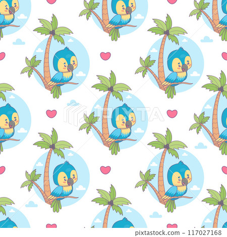 Seamless pattern with cute Ara parrot with tropical palm trees on white background with hearts. Funny cartoon kawaii bird character. Vector illustration. Kids collection Seamless pattern with cute Ara parrot with tropical palm trees on white background with hearts. Funny cartoon kawaii bird character. Vector illustration. Kids collection 117027168