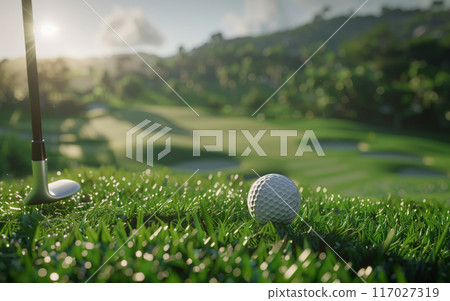 Golf club and ball on lush green course at sunrise. Picturesque landscape with well-manicured grass and golf holes in the background. Golf club and ball on lush green course at sunrise. Picturesque landscape with well-manicured grass and golf holes in the background. 117027319