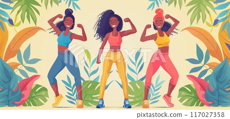 Three active women in colorful workout outfits posing confidently in front of a vibrant tropical background, showcasing strength and fitness. 117027358