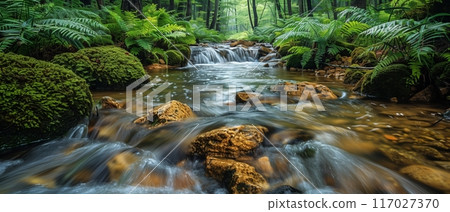 A serene forest stream flowing over rocks surrounded by lush ferns and greenery, captured in a tranquil nature landscape scene. 117027370
