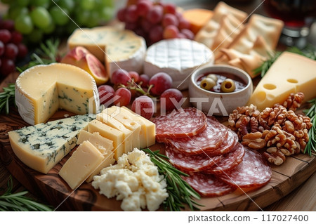 A beautiful charcuterie board with a variety of cheeses, cured meats, grapes, nuts, and olives, perfect for entertaining and casual gatherings. 117027400