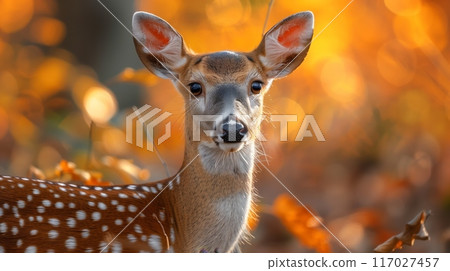 Close-up of a young deer in a forest with a warm autumn background, showcasing the beauty of wildlife during the fall season. 117027457