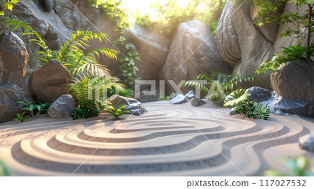 Serene forest scene with tranquil sand garden and lush greenery, rocks, and soft sunlight filtering through the trees, creating a peaceful haven. Serene forest scene with tranquil sand garden and lush greenery, rocks, and soft sunlight filtering through the trees, creating a peaceful haven. 117027532
