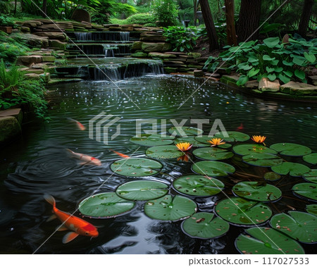 Serene garden pond with koi fish, water lilies, and a cascading waterfall surrounded by lush greenery. Serene garden pond with koi fish, water lilies, and a cascading waterfall surrounded by lush greenery. 117027533