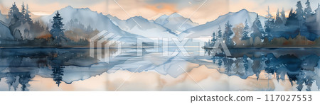 Beautiful watercolor painting of serene mountain landscape with tranquil lake and forest reflecting in the water during sunset. Beautiful watercolor painting of serene mountain landscape with tranquil lake and forest reflecting in the water during sunset. 117027553