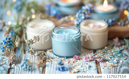 Beautifully arranged homemade candles in pastel jars with dried flowers on a rustic wooden table, creating a calming and serene ambiance. 117027554