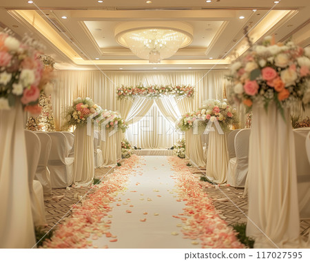 Elegant indoor wedding venue adorned with floral arrangements, soft lighting, and a beautifully decorated aisle. 117027595