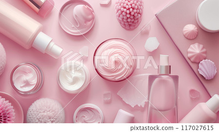 Flat lay of pink beauty products and skincare essentials on a pastel background, featuring creams, bottles, brushes, and accessories. Flat lay of pink beauty products and skincare essentials on a pastel background, featuring creams, bottles, brushes, and accessories. 117027615