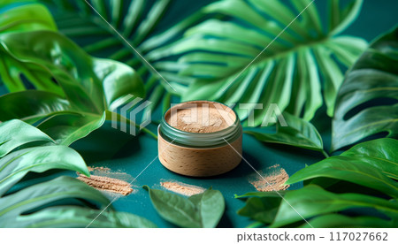 Natural skincare product in a wooden container surrounded by vibrant green leaves, promoting eco-friendly and organic beauty choices. Natural skincare product in a wooden container surrounded by vibrant green leaves, promoting eco-friendly and organic beauty choices. 117027662