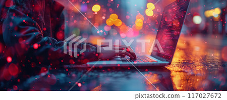 Person typing on laptop in a city at night with bokeh lights. Vibrant colors reflect on a wet surface, creating an artistic, dreamy atmosphere. 117027672