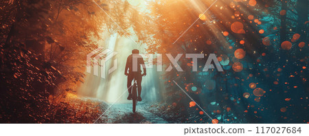 Silhouette of a cyclist riding through a magical forest with vibrant light beams and colorful bokeh effect. 117027684