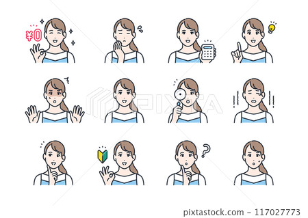 年輕女性顏色圖示集的各種表達變化 117027773