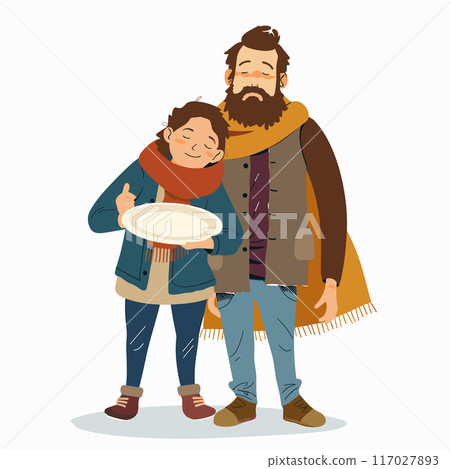 Father child bonding, happy family moment, parent kid smile. Man boy, stylish clothes, autumn vibes, standing isolated white background, embracing, love. Child holding empty plate, thumbs up sign 117027893