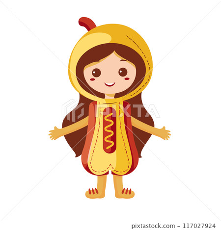 Child hot dog costume smiling, happy kid dressed fast food, fun cartoon character illustration. Young girl wearing foodthemed outfit, playful youth celebrating, fancy dress isolated white 117027924