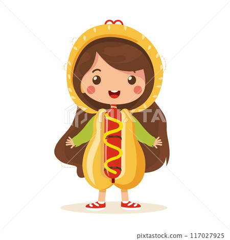 Young girl dressed hot dog smiling, standing, wearing costume. Child food outfit looking cheerful, happy expression, cartoon character. Kids party, dressing up, hot dog suit, playful mood, fun event Young girl dressed hot dog smiling, standing, wearing costume. Child food outfit looking cheerful, happy expression, cartoon character. Kids party, dressing up, hot dog suit, playful mood, fun event 117027925