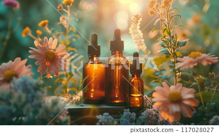 A serene scene featuring amber essential oil bottles amidst blooming wildflowers, illuminated by soft sunlight, highlighting natural wellness. 117028027