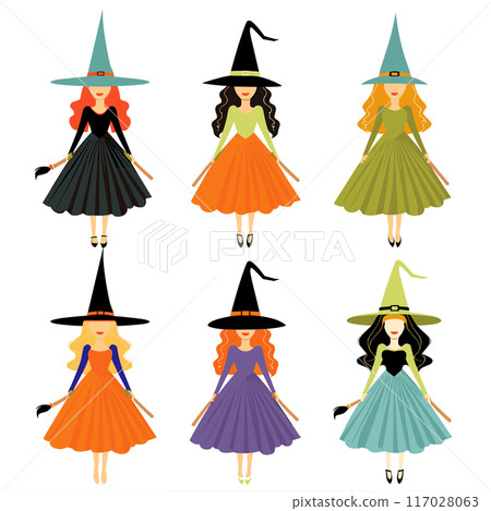 Six cartoon witches, various dress colors, pointy hats. Female witches, Halloween costumes, illustrated characters. Witches different hair colors, flying brooms, isolated 117028063