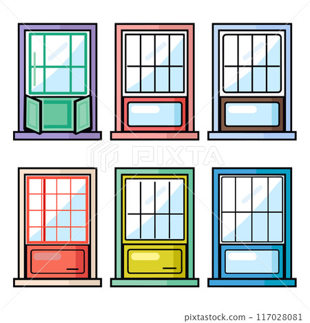 Six colorful cartoon windows, uniquely designed. Illustrations residential house windows, flat design style. Collection features various window frames, sashes, panes, sill colors 117028081