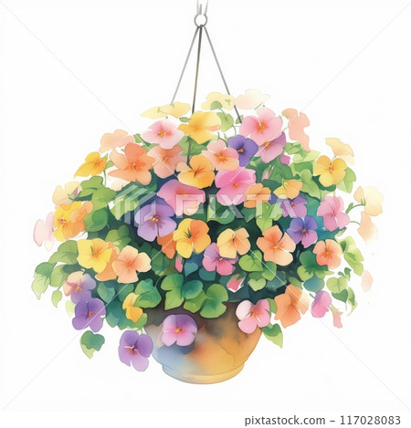 Colorful hanging basket with vibrant flowers, perfect for brightening up any space with a touch of nature's beauty. Colorful hanging basket with vibrant flowers, perfect for brightening up any space with a touch of nature's beauty. 117028083